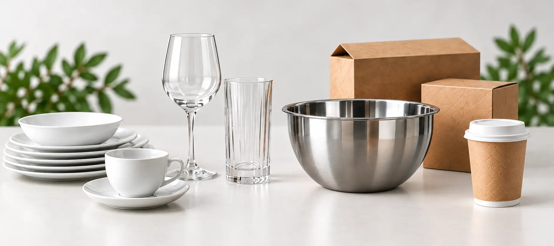Porcelánok, poharak, konyhai eszközök és elviteles csomagolás